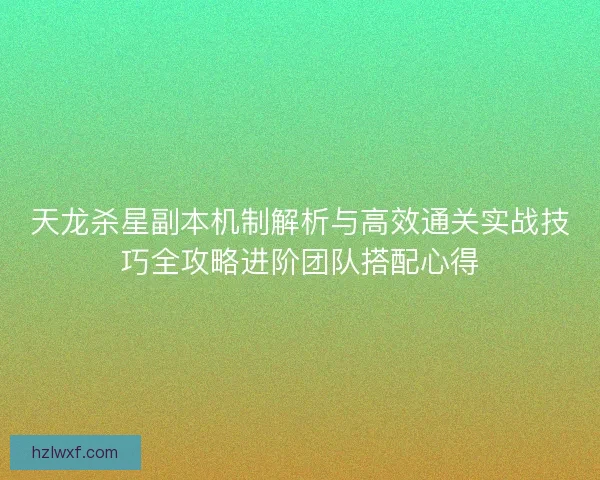 天龙杀星副本机制解析与高效通关实战技巧全攻略进阶团队搭配心得