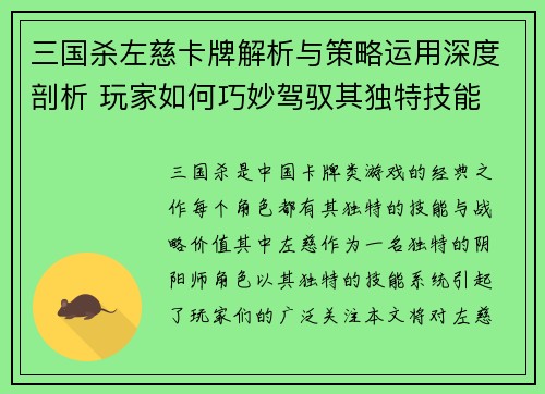 三国杀左慈卡牌解析与策略运用深度剖析 玩家如何巧妙驾驭其独特技能